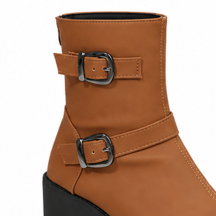 Buckle & Bloom – Double-Buckle Chunky-Heel Ankle Boots
