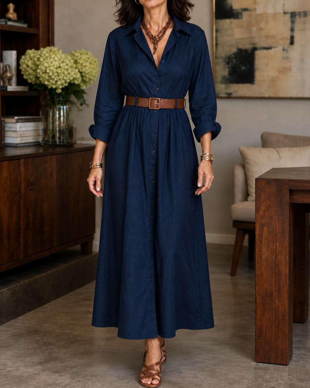 Belveil – Belted Collared Long-Sleeve Maxi Shirt Dress