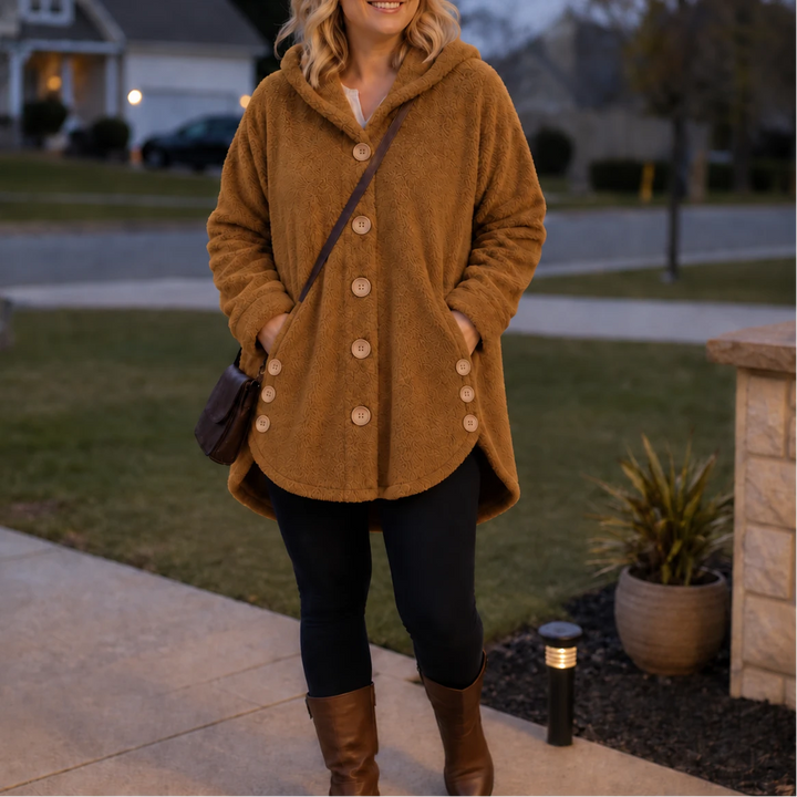 Cozy Button – Asymmetrical Hem Hooded Fleece Coat