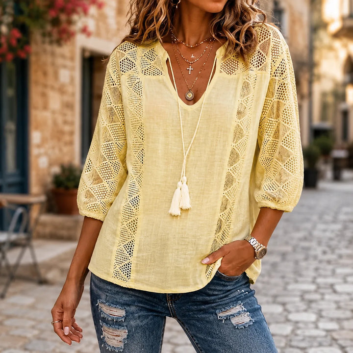 Soraya – Boho Lace Blouse with Tassel Tie U-Neck