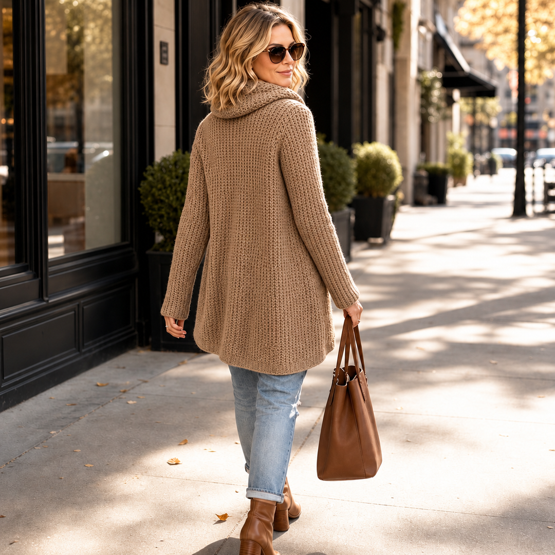 Cowl & Cozy – Asymmetric Cowl-Neck Button-Side Sweater