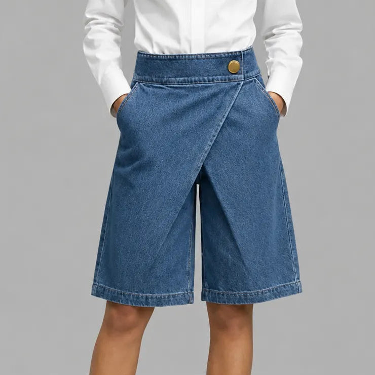 Velara – Asymmetric Wrap-Front Knee-Length Denim Bermuda Shorts