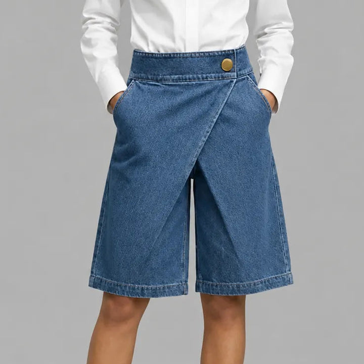 Velara – Asymmetric Wrap-Front Knee-Length Denim Bermuda Shorts