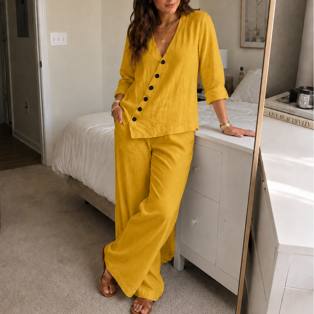 Easeline – Slanted Button Top And Wide Leg Pants Set