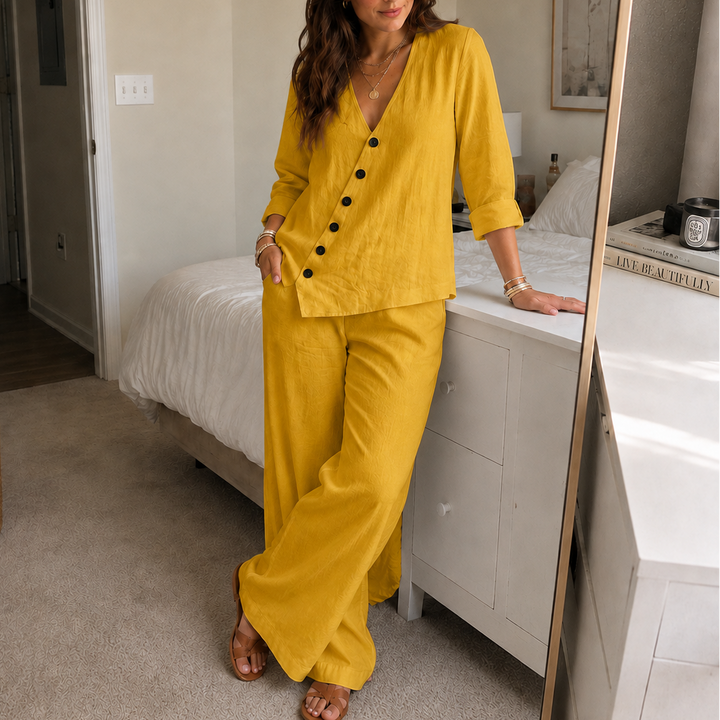 Easeline – Slanted Button Top And Wide Leg Pants Set