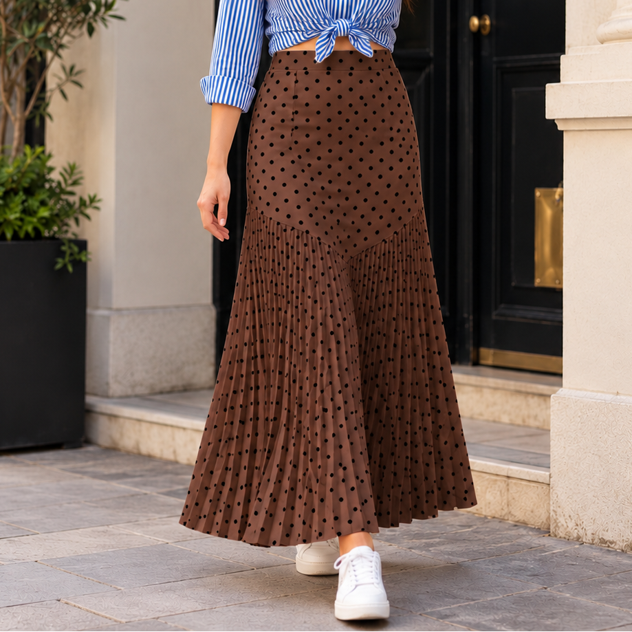 Wearbella – Polka Dot Pleated A-Line Midi Skirt