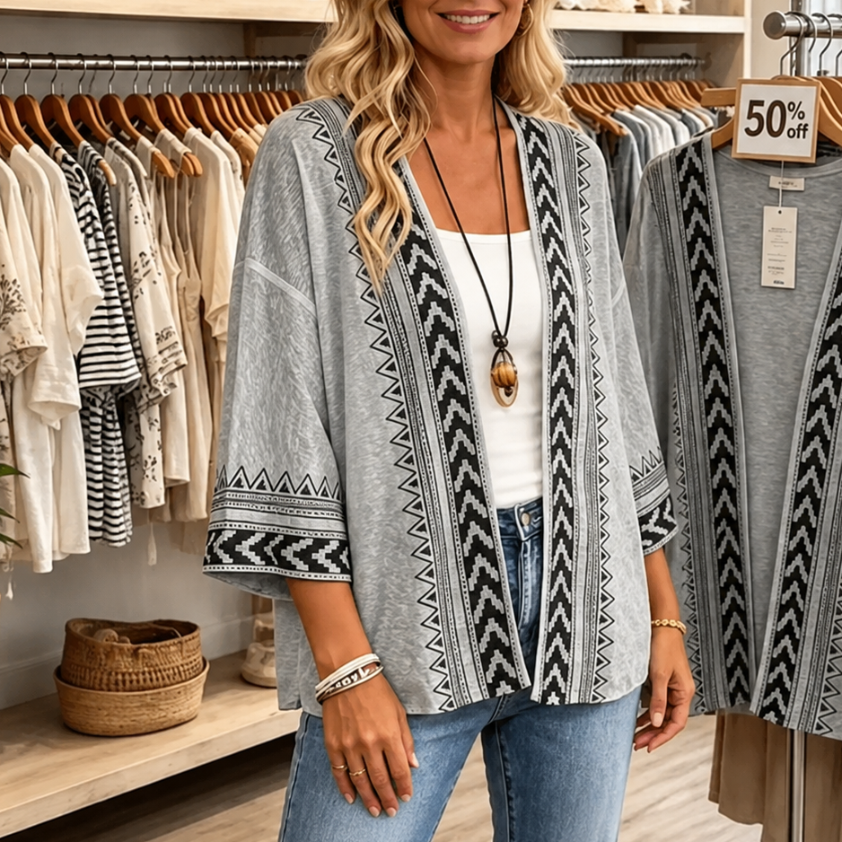 Wearbella – Retro Geometric Print Open-Front Cardigan