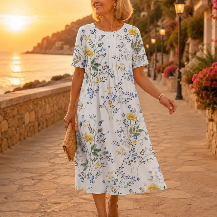 Fiorella – Floral Print Cotton-like Midi Dress with Pockets