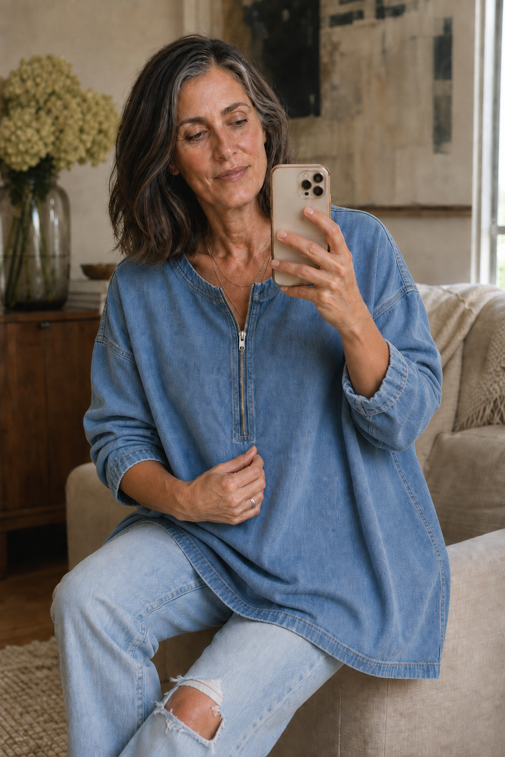 Zipdenim – Half-Zip Denim-Look Blouse