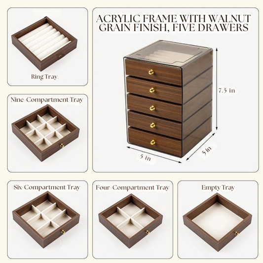 Jeweluxe™ – 5-Layer Walnut Wood Jewelry Box