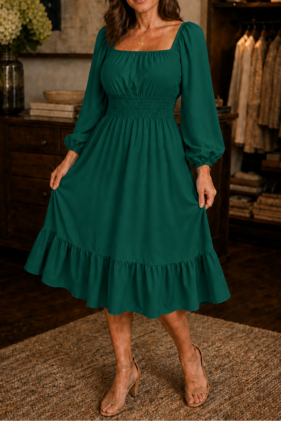 Trucewear – Smocked Square Neck Ruffled Midi Dress