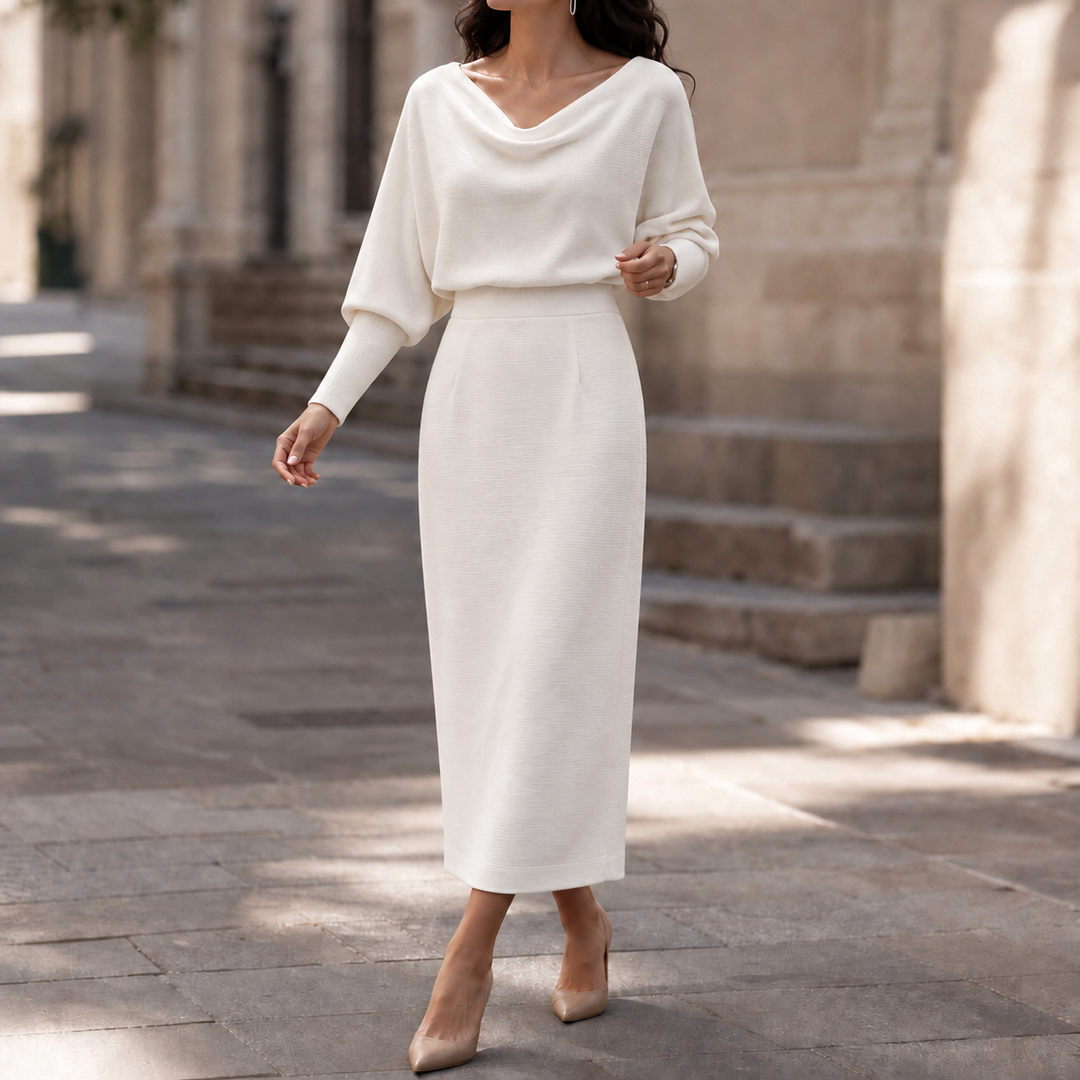 Wearbella – Ribbed Draped Top And Midi Skirt Set