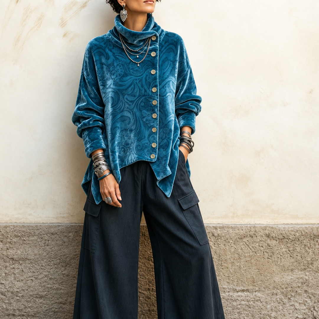 Velvara – Asymmetric Button Velvet Turtleneck Top