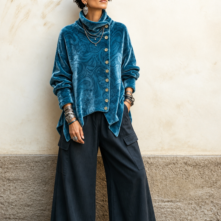 Velvara – Asymmetric Button Velvet Turtleneck Top