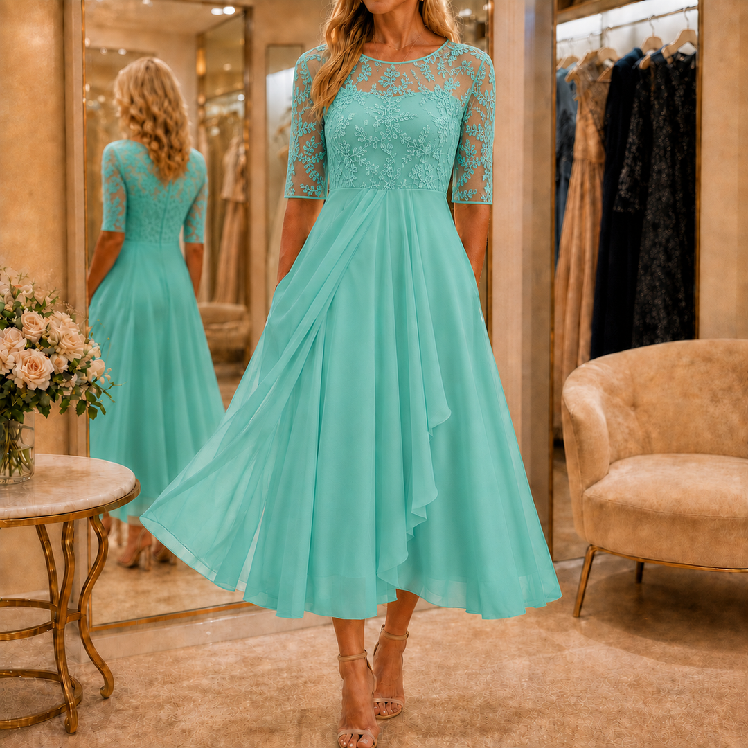 Elarose – Embroidered Lace Bodice Midi Dress for Weddings
