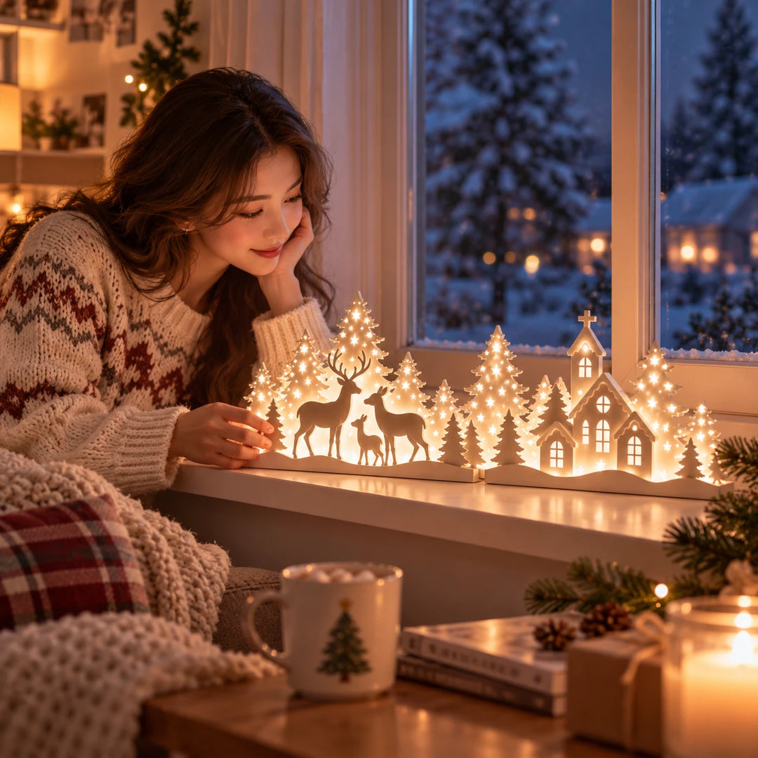 Deerwood Glow – LED Christmas Window Village With Deer