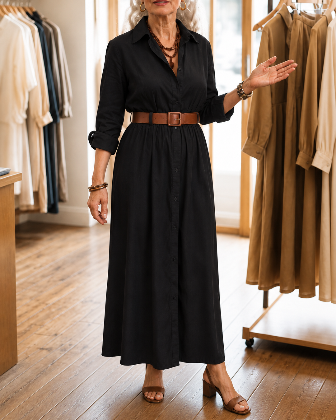 Belveil – Belted Collared Long-Sleeve Maxi Shirt Dress