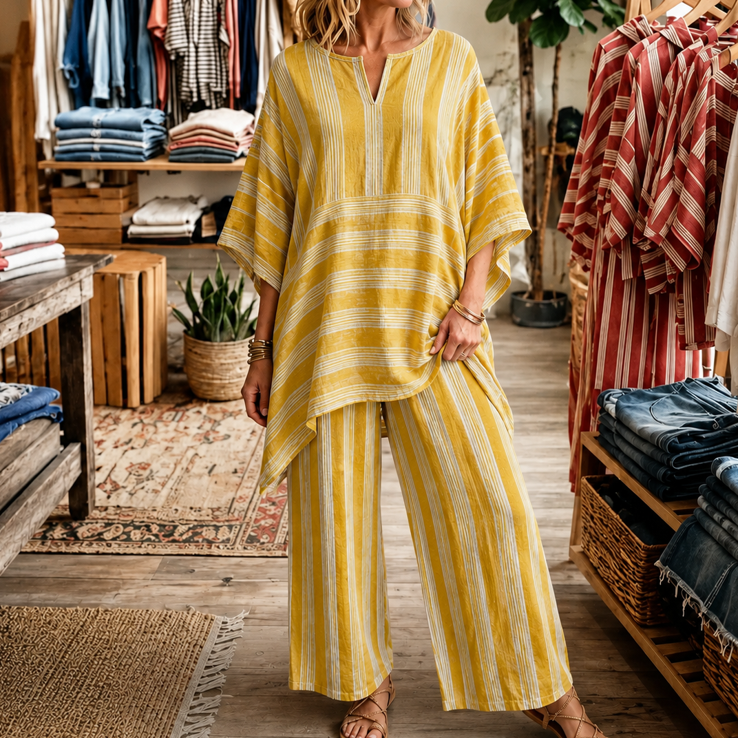 Ease & Stripe – Striped V-Neck Tunic And Trouser Set