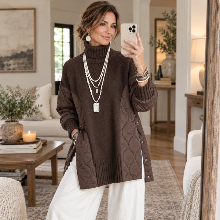 Quilted Haven – Quilted Panel Turtleneck Pullover