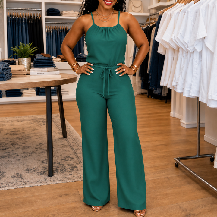 Soraya – Halter Wide-Leg Drawstring Jumpsuit, Summer Denim-Look