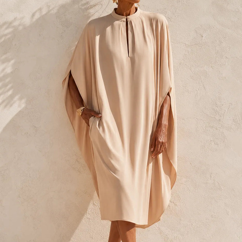 Solenya – Batwing Midi Dress with Keyhole Neckline and Pockets