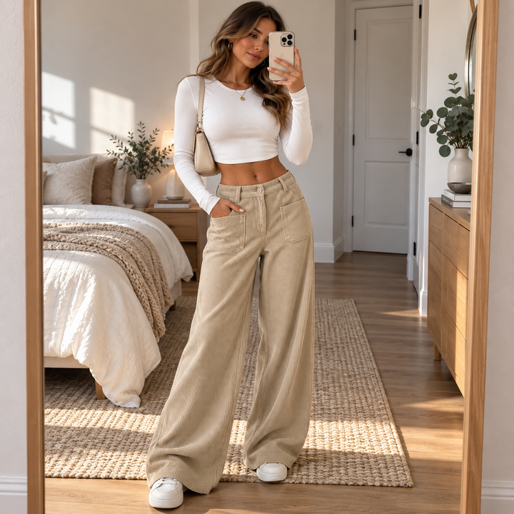 Cordelle – High-Waisted Stretch Corduroy Wide-Leg Trousers