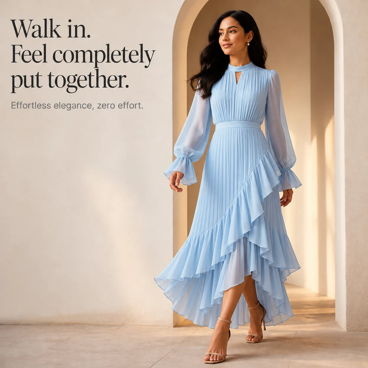 Florenza – Pleated Asymmetrical Ruffle Midi Dress