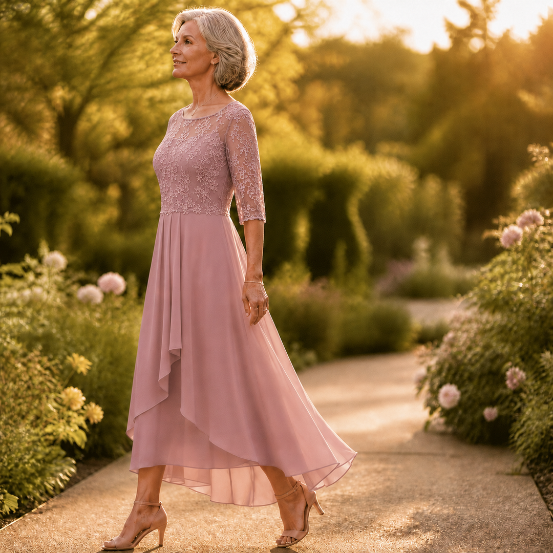 Elarose – Embroidered Lace Bodice Midi Dress for Weddings
