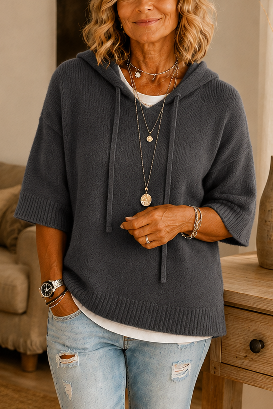 Loungel – Distressed Open-Knit Drawstring Hoodie