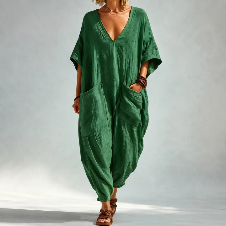 Solunya – Loose V-Neck Summer Jumpsuit with Deep Pockets, Batwing Sleeves, 6 Colors