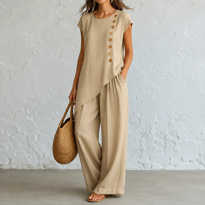 Elovena – Asymmetric Hem Matching Set with Wide-Leg Pants