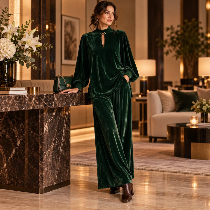 Veloura – Keyhole Velvet Top And Wide-Leg Trouser Set