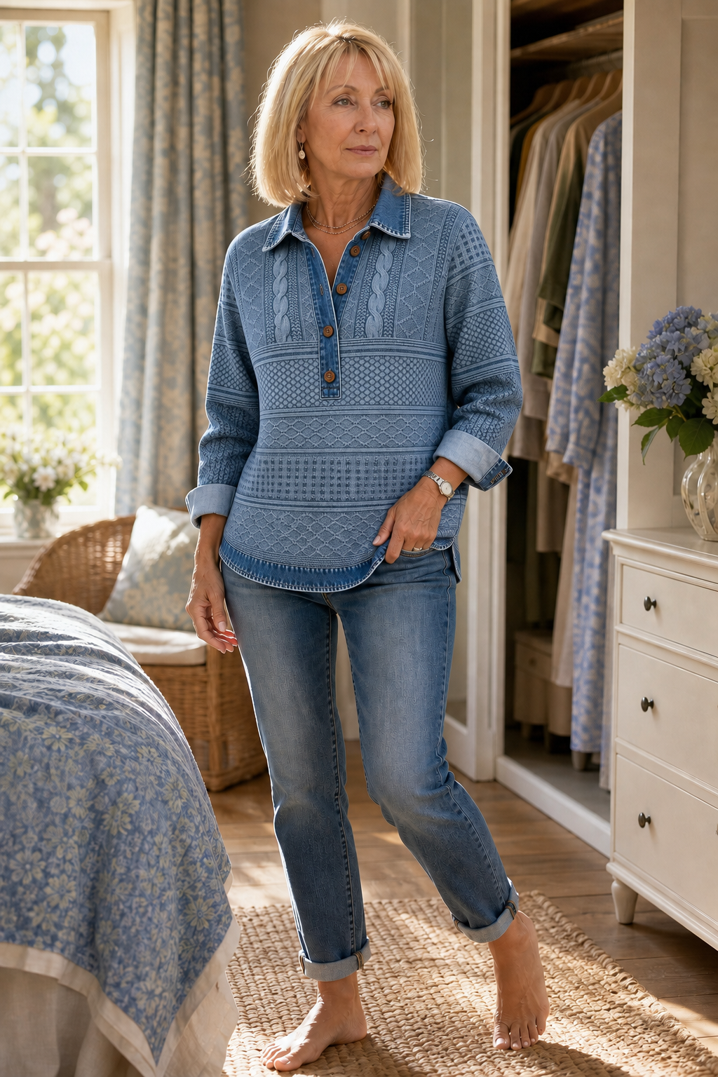 Layerlyn – Denim Patchwork Textured Knit Blouse