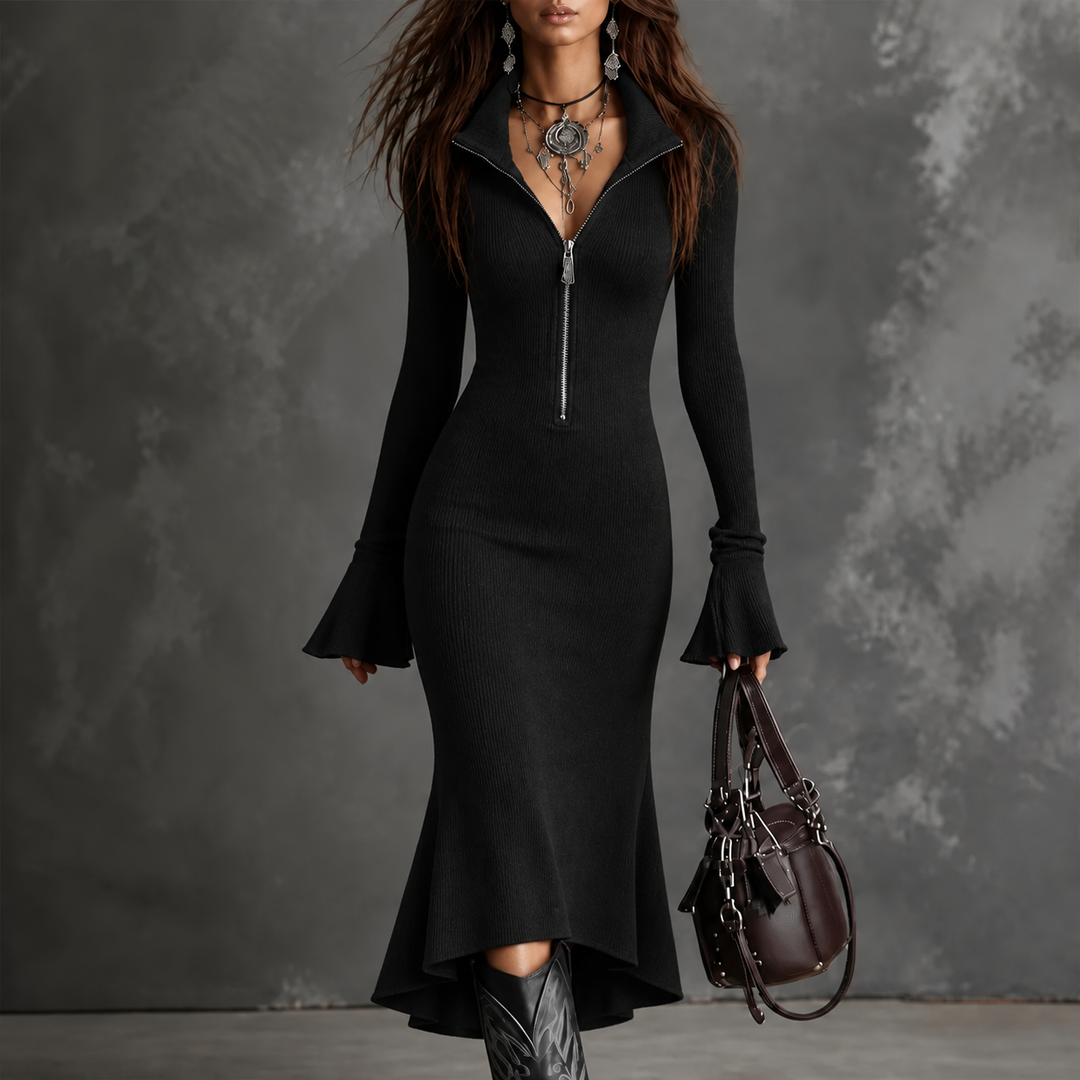 Selara – Ribbed Fishtail Knit Midi Dress with Half-Zip Collar