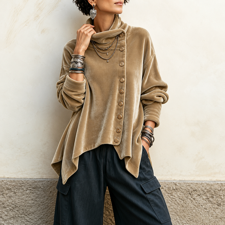 Velvara – Asymmetric Button Velvet Turtleneck Top