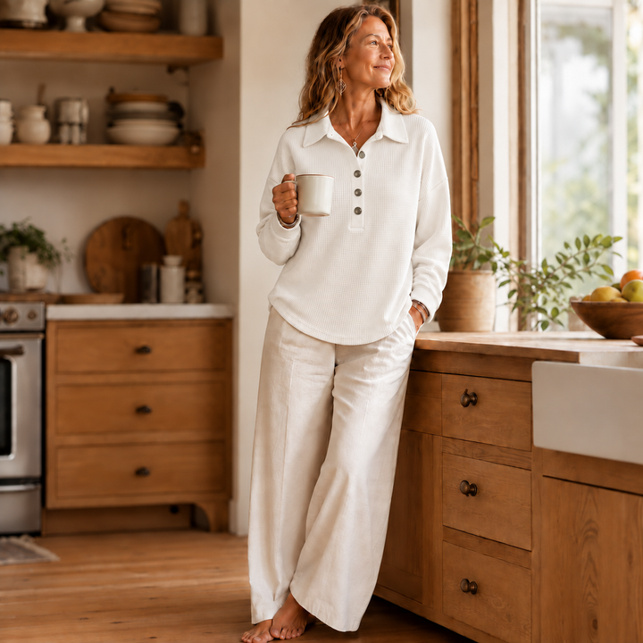 Wearbella – Waffle-Knit Collared Button-Neck Pullover
