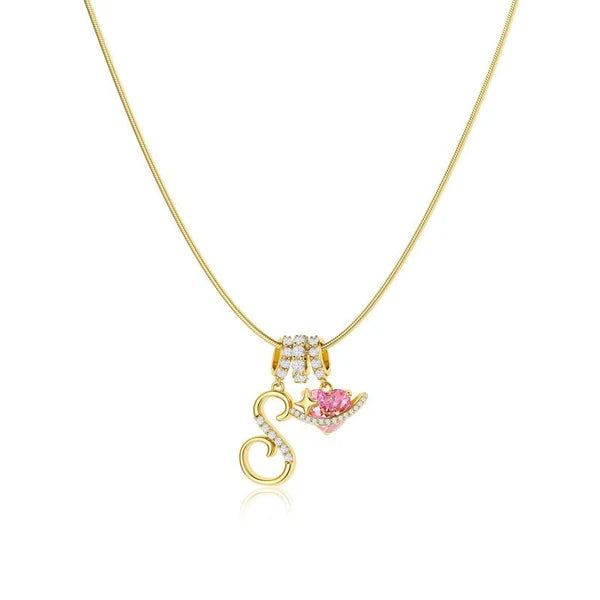 LUMARA – 3-Layer Initial Necklace with Pink Heart Zircon