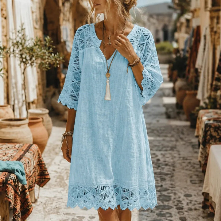 Solenne – Boho Shift Dress with Crochet-like Shoulders and Scalloped Hem