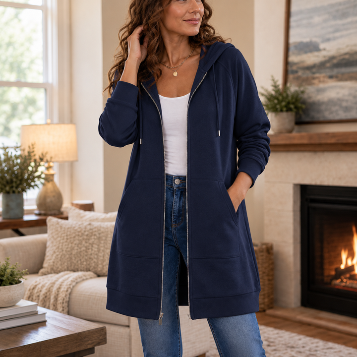 Wrapdrey – Mid-Length Zip-Up Hooded Cardigan