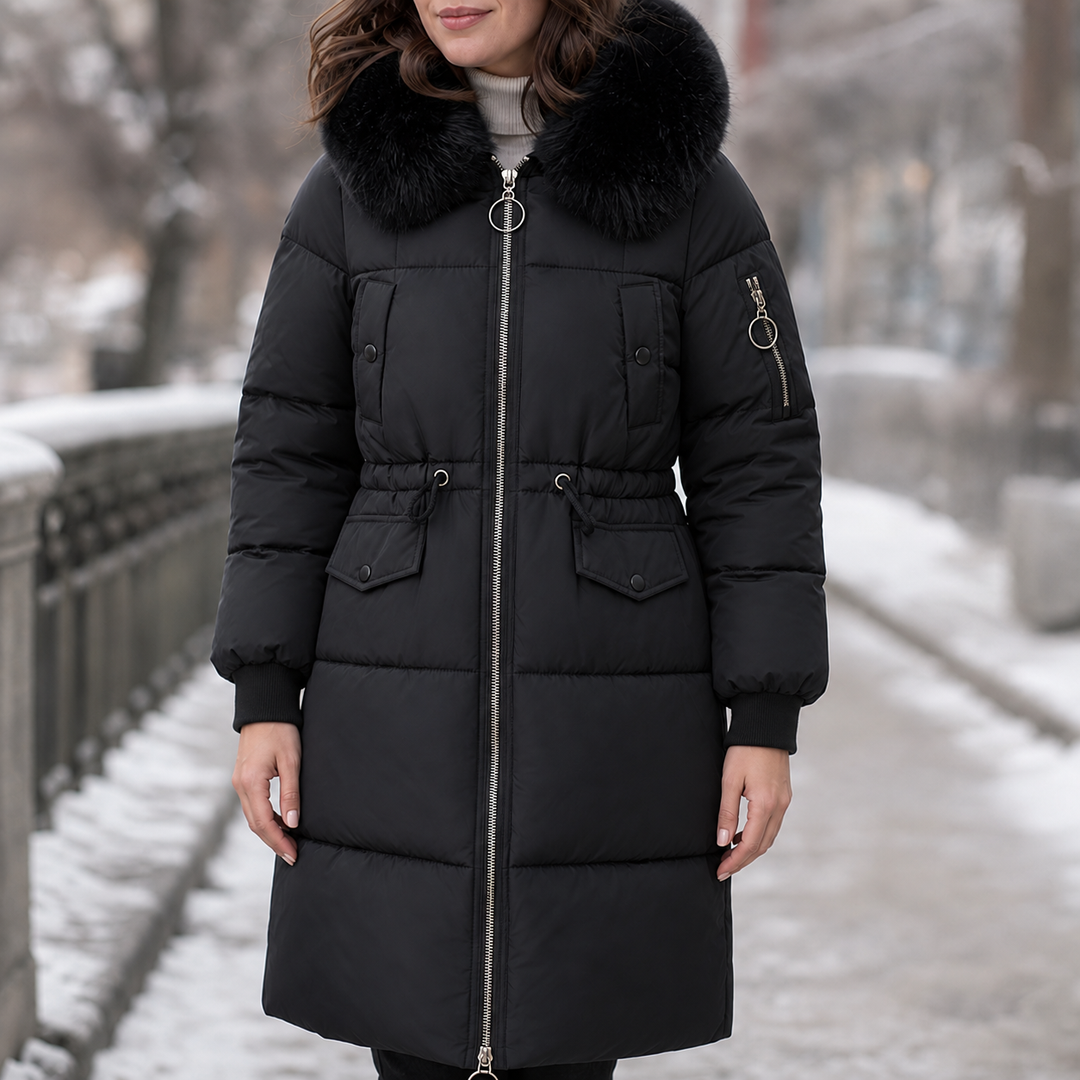 Veluna – Plush Hood Trim Mid-Long Padded Winter Coat