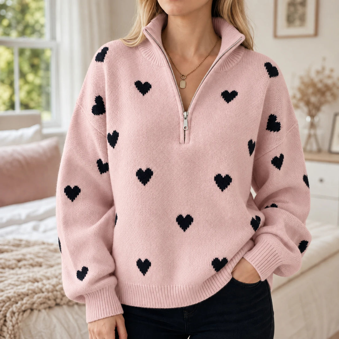 Lovelle – Heart-Pattern Quarter-Zip Sweater