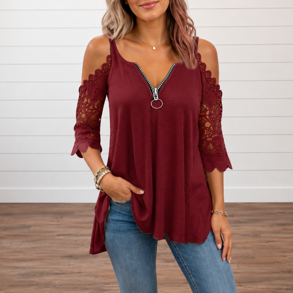 Duetta – Lace-Sleeve Cold-Shoulder Zip-Front Tunic Top
