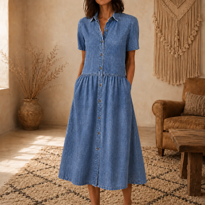 Everly – Shirt Dress with Pockets A-Line Midi Button Front
