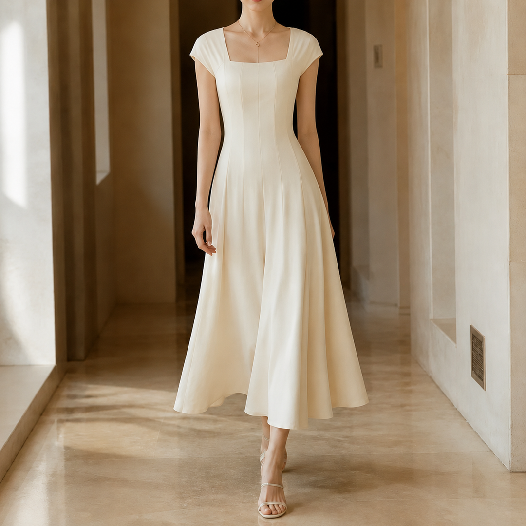 Elowyn – Square Neck A-Line Midi Dress with Sculpted Waist