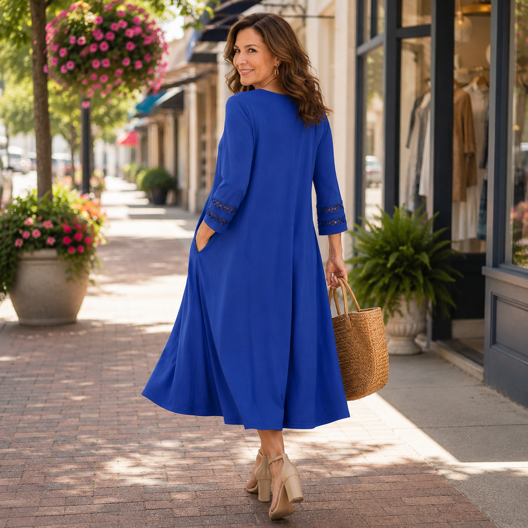 Legere – Crochet Sleeve V-Neck Pocket Midi Dress