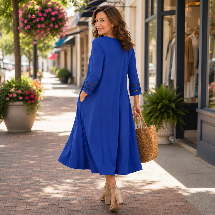 Legere – Crochet Sleeve V-Neck Pocket Midi Dress