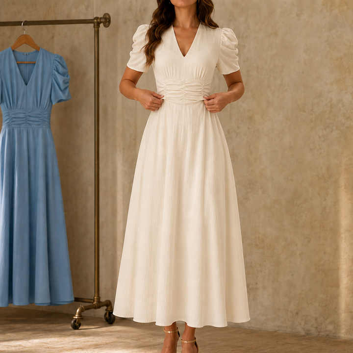 Wearbella – Ruched Waist Puff Sleeve V-Neck Midi Dress