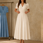 Wearbella – Ruched Waist Puff Sleeve V-Neck Midi Dress