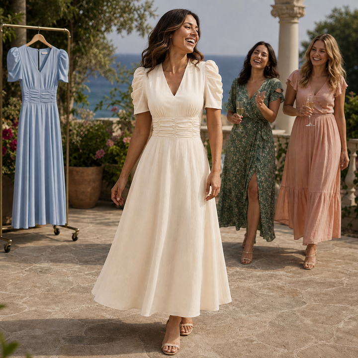 Wearbella – Ruched Waist Puff Sleeve V-Neck Midi Dress