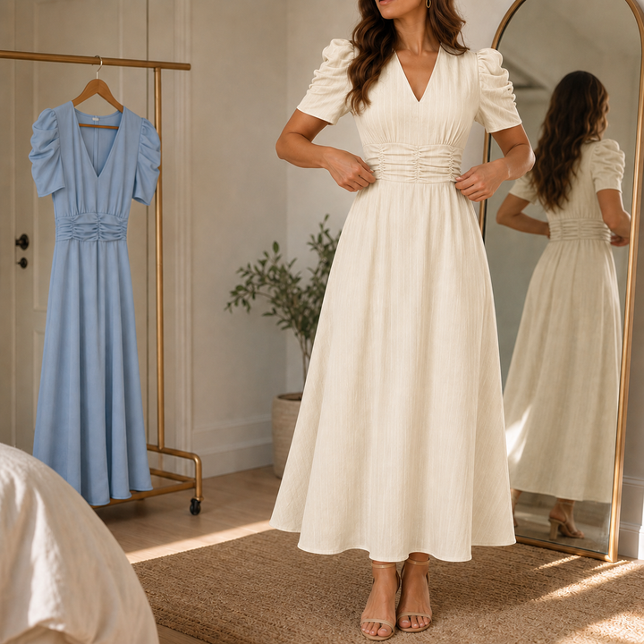 Wearbella – Ruched Waist Puff Sleeve V-Neck Midi Dress